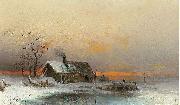 unknow artist Winter picture with cabin at a river oil painting picture wholesale